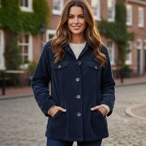 Talbots Jacket Women's‎ Petite 14W Velour Button Down Collared Pockets Navy Blue